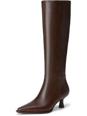 DREAM PAIRS Women's Dark Brown-pu Knee High Kitten Heel Fall Boots Pointed Toe